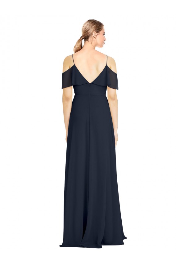 Compre Azul marina oscuro línea A Hombros Descubiertos Tirantes espagueti Gasa Largo Vestidos de dama de honor
