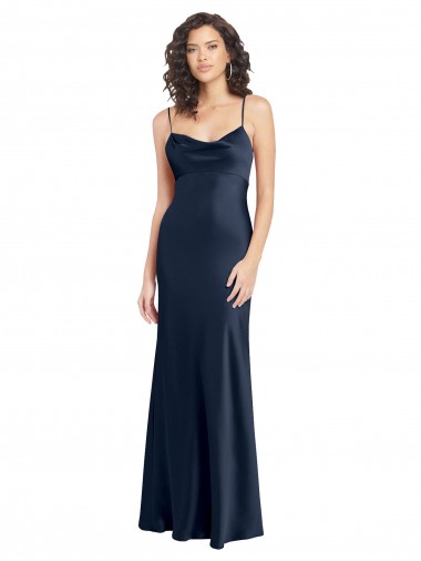 Compre Azul marina oscuro línea A Satén elástico Largo Formales Vestidos de dama de honor / Vestidos de fiesta