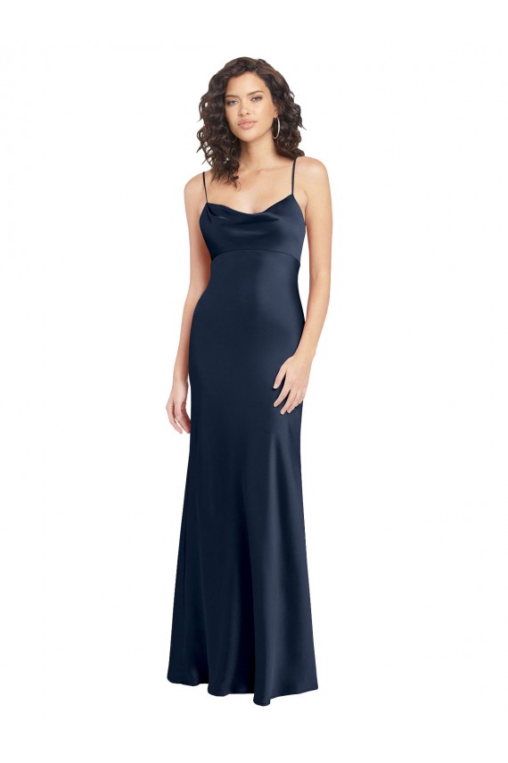 Compre Azul marina oscuro línea A Satén elástico Largo Formales Vestidos de dama de honor / Vestidos de fiesta