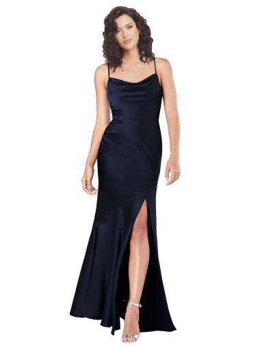 Compre Azul marina oscuro línea A Satén sedoso Largo Formales Vestidos de dama de honor / Vestidos de fiesta