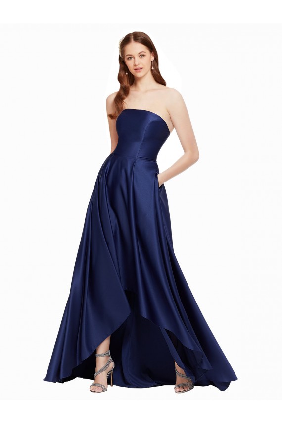 Compre Azul marina oscuro línea A Sin tirantes Satén Largo Asimétrico Formales Vestidos de dama de honor / Vestidos de fiesta