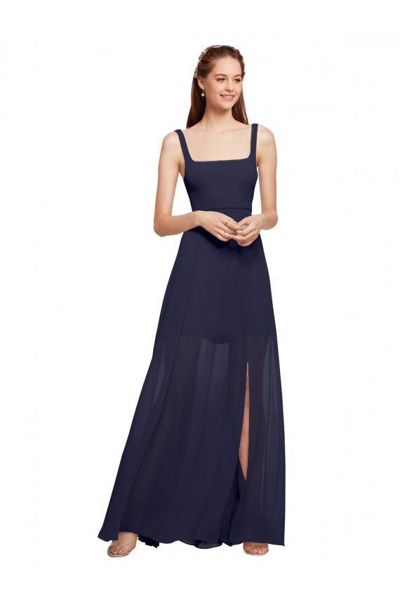 Compre Azul marina oscuro línea A Tirantes espagueti Cuadrado Gasa Largo Vestidos de dama de honor