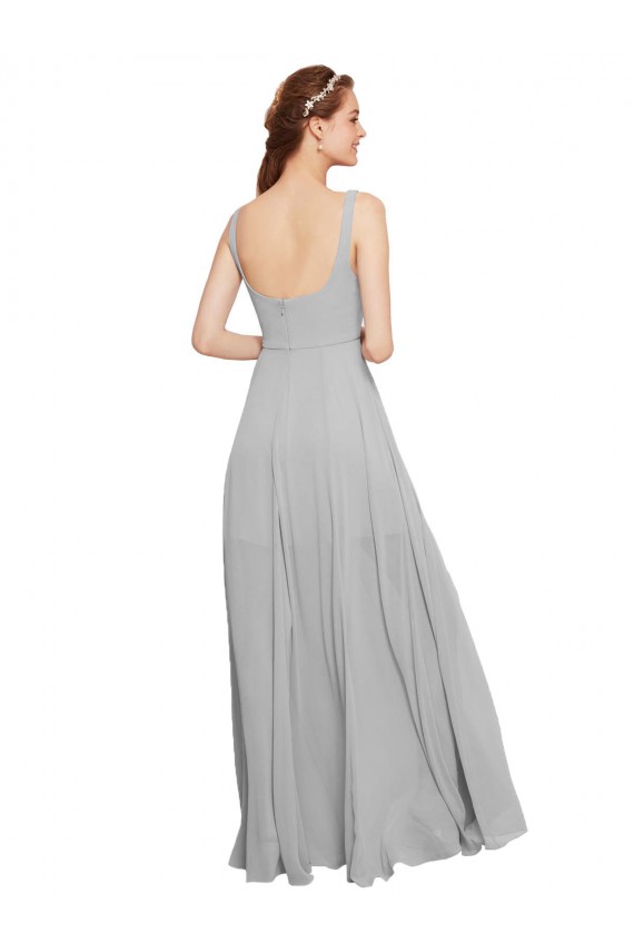 Compre Azul marina oscuro línea A Tirantes espagueti Cuadrado Gasa Largo Vestidos de dama de honor