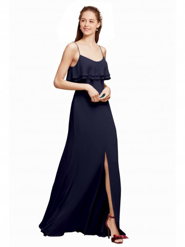 Compre Azul marina oscuro línea A Tirantes espagueti Cucharón Gasa Largo Vestidos de dama de honor