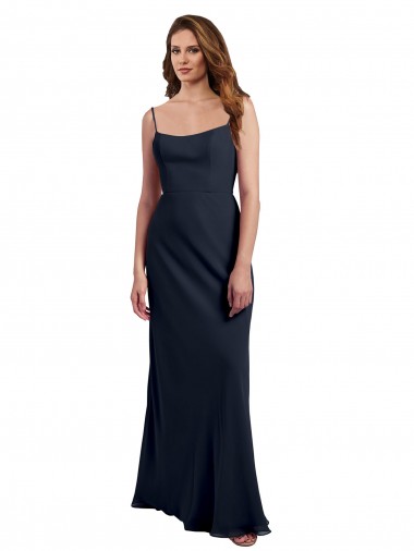 Compre Azul marina oscuro línea A Tirantes espagueti Cucharón Gasa Largo Vestidos de dama de honor
