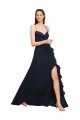 Compre Azul marina oscuro línea A Tirantes espagueti Cuello en V Gasa Largo Vestidos de dama de honor