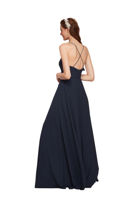Compre Azul marina oscuro línea A Tirantes espagueti Cuello en V Gasa Largo Vestidos de dama de honor