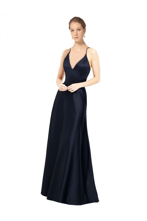 Compre Azul marina oscuro línea A Tirantes espagueti Cuello en V Satén Largo Vestidos de dama de honor / Vestidos de fiesta