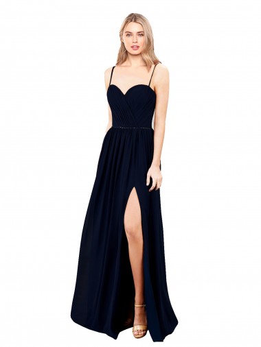 Compre Azul marina oscuro línea A Tirantes espagueti Gasa Largo Formales Vestidos de dama de honor / Vestidos de noche