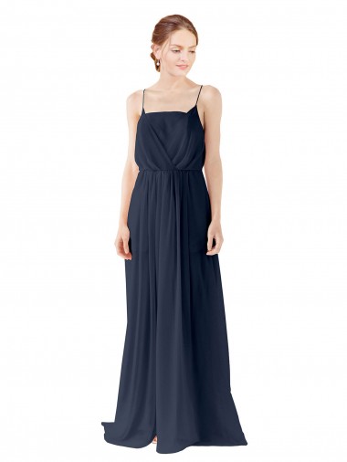 Compre Azul marina oscuro línea A Tirantes espagueti Gasa Largo Vestidos de dama de honor