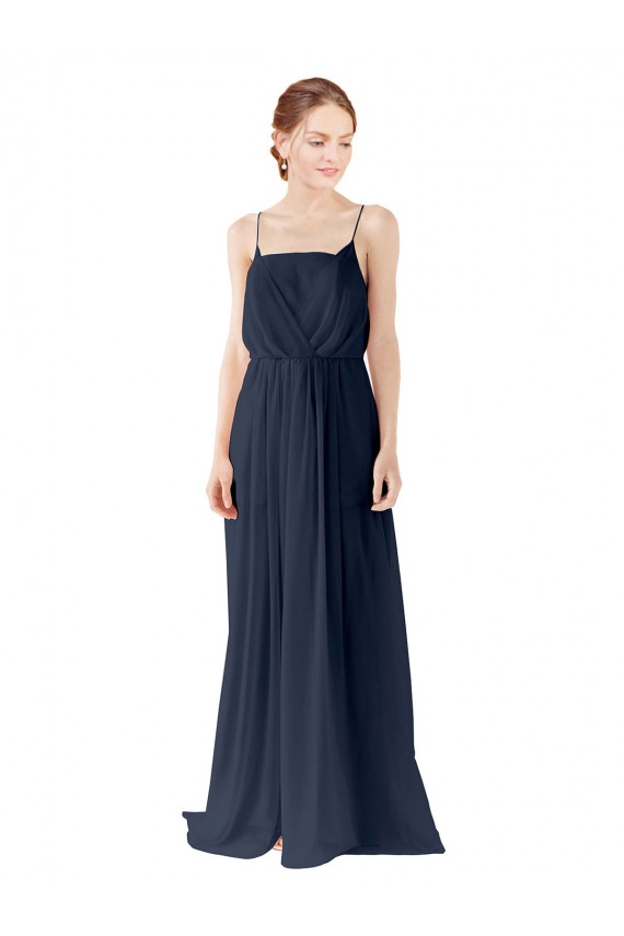 Compre Azul marina oscuro línea A Tirantes espagueti Gasa Largo Vestidos de dama de honor