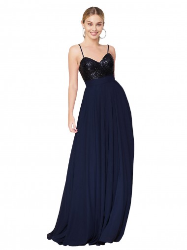 Compre Azul marina oscuro línea A Tirantes espagueti Gasa Lentejuela Largo Vestidos de dama de honor / Vestidos de fiesta