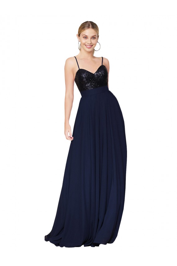 Compre Azul marina oscuro línea A Tirantes espagueti Gasa Lentejuela Largo Vestidos de dama de honor / Vestidos de fiesta