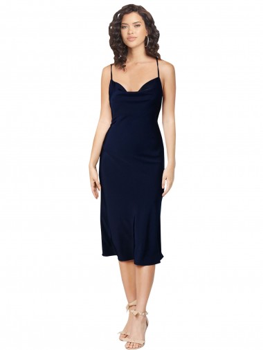 Compre Azul marina oscuro línea A Tirantes espagueti Midi Satén sedoso Corto Formales Vestidos de dama de honor / Vestidos de fiesta / Vestidos de cóctel