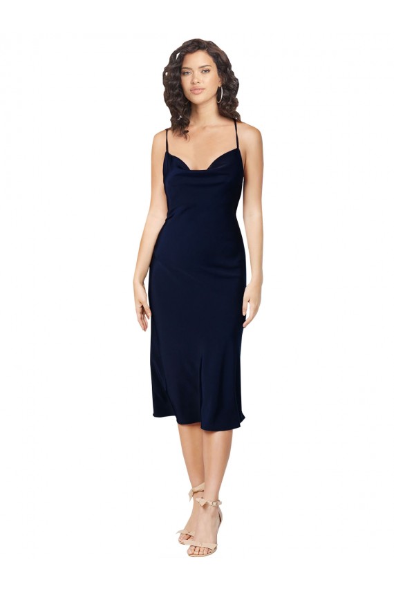Compre Azul marina oscuro línea A Tirantes espagueti Midi Satén sedoso Corto Formales Vestidos de dama de honor / Vestidos de fiesta / Vestidos de cóctel
