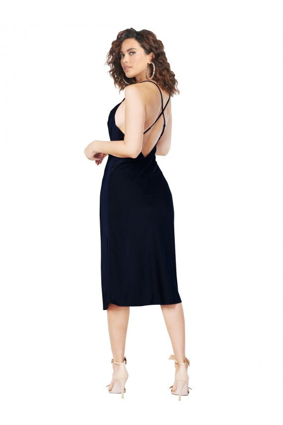 Compre Azul marina oscuro línea A Tirantes espagueti Midi Satén sedoso Corto Formales Vestidos de dama de honor / Vestidos de fiesta / Vestidos de cóctel