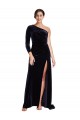 Compre Azul marina oscuro línea A Un Hombre Barrer tren Terciopelo Elástico Largo Formales Vestidos de dama de honor / Vestidos de fiesta