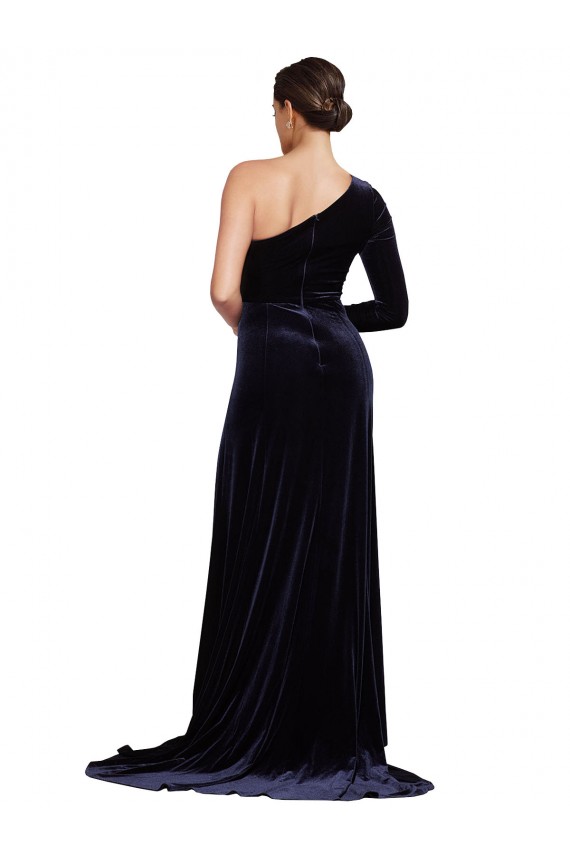 Compre Azul marina oscuro línea A Un Hombre Barrer tren Terciopelo Elástico Largo Formales Vestidos de dama de honor / Vestidos de fiesta