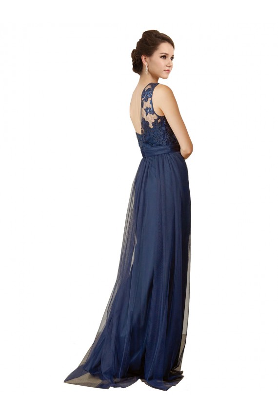 Compre Azul marina oscuro línea A Un Hombre Barrer tren Tul Largo Vestidos de dama de honor