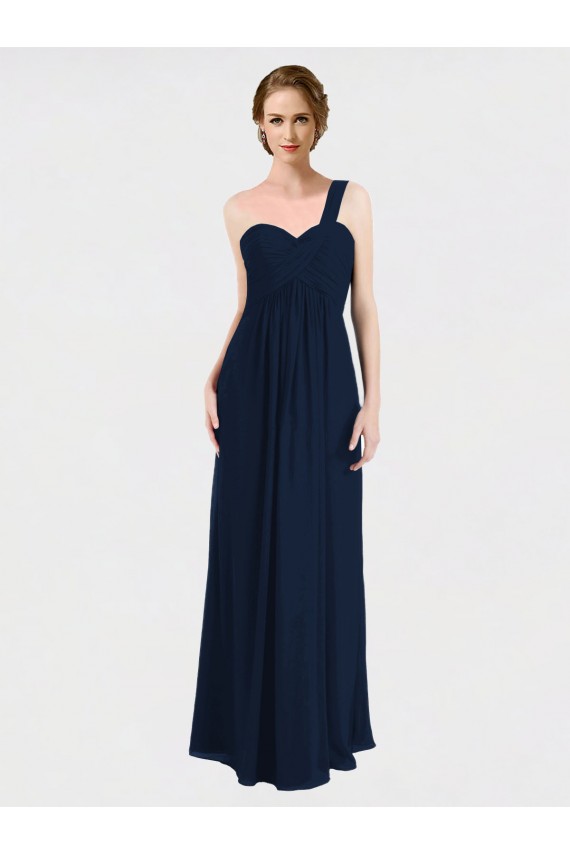 Compre Azul marina oscuro línea A Un Hombre Cuello de Corazón Gasa Largo Vestidos de dama de honor