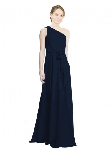 Compre Azul marina oscuro línea A Un Hombre Gasa Largo Vestidos de dama de honor