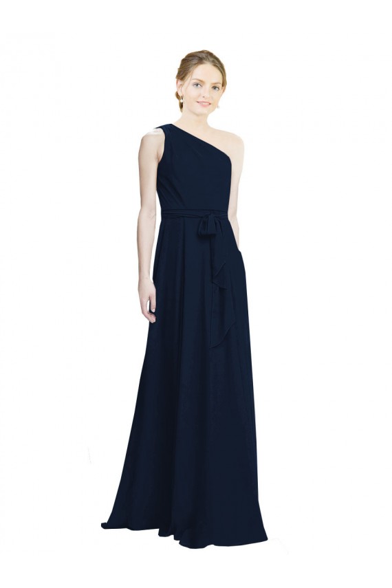 Compre Azul marina oscuro línea A Un Hombre Gasa Largo Vestidos de dama de honor
