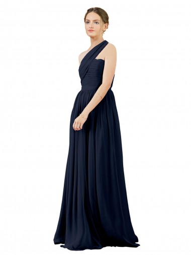 Compre Azul marina oscuro línea A Un Hombre Gasa Largo Vestidos de dama de honor
