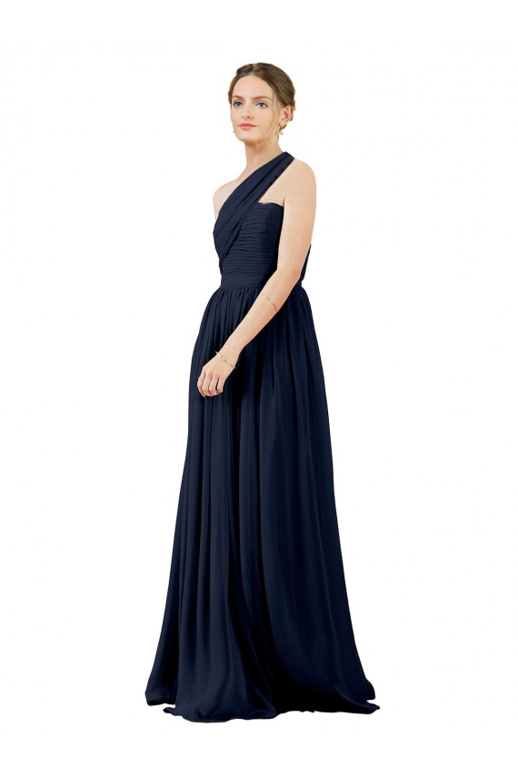 Compre Azul marina oscuro línea A Un Hombre Gasa Largo Vestidos de dama de honor