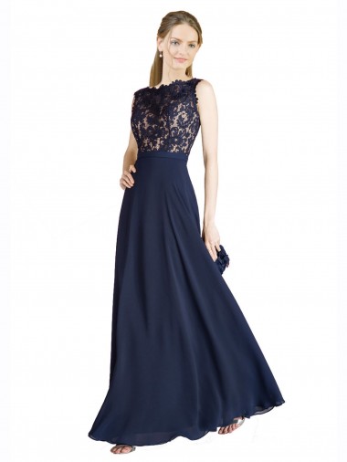 Compre Azul marina oscuro línea A Ilusión Gasa Encaje Largo Vestidos de dama de honor / Vestidos de fiesta