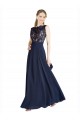 Compre Azul marina oscuro línea A Ilusión Gasa Encaje Largo Vestidos de dama de honor / Vestidos de fiesta