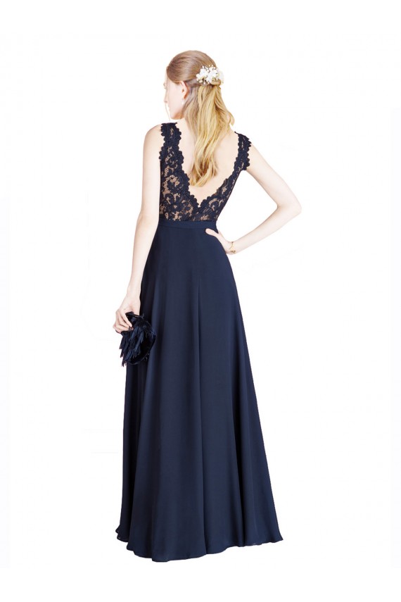 Compre Azul marina oscuro línea A Ilusión Gasa Encaje Largo Vestidos de dama de honor / Vestidos de fiesta