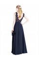 Compre Azul marina oscuro línea A Ilusión Gasa Encaje Largo Vestidos de dama de honor / Vestidos de fiesta