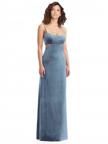 Compre Azul polvoriento Cubierta Cuadrado Terciopelo Elástico Largo Formales Vestidos de dama de honor / Vestidos de fiesta