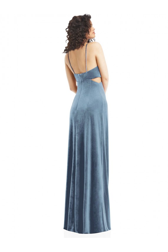 Compre Azul polvoriento Cubierta Cuadrado Terciopelo Elástico Largo Formales Vestidos de dama de honor / Vestidos de fiesta