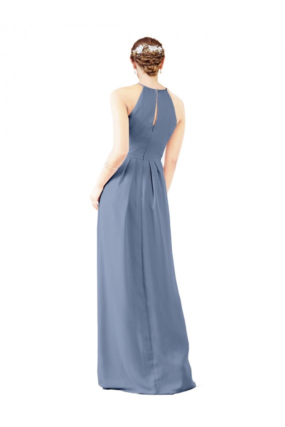 Compre Azul polvoriento Cubierta Halter Cuello Alto Gasa Largo Vestidos de dama de honor