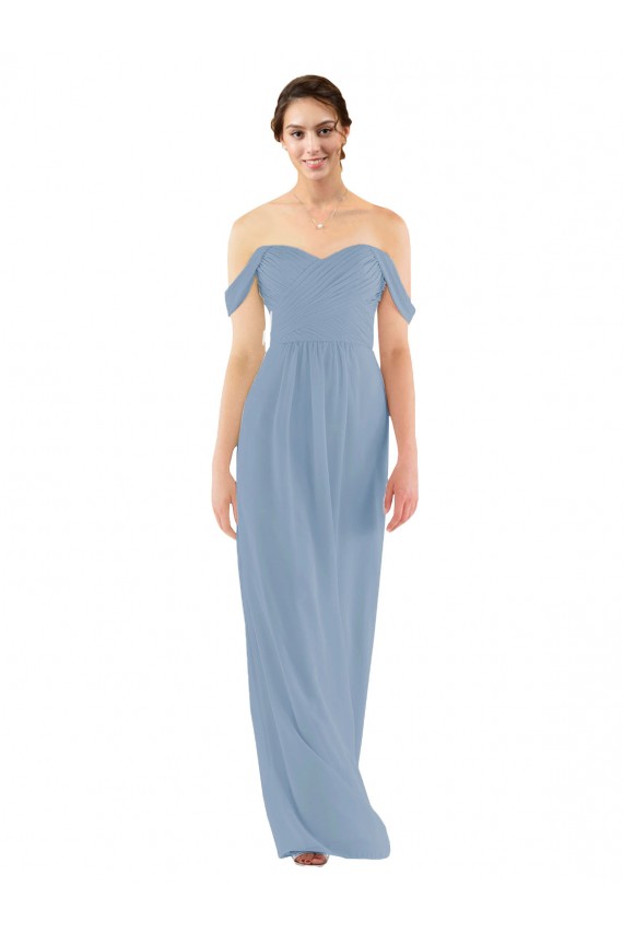 Compre Azul polvoriento Cubierta Hombros Descubiertos Gasa Largo Vestidos de dama de honor