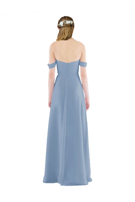 Compre Azul polvoriento Cubierta Hombros Descubiertos Gasa Largo Vestidos de dama de honor