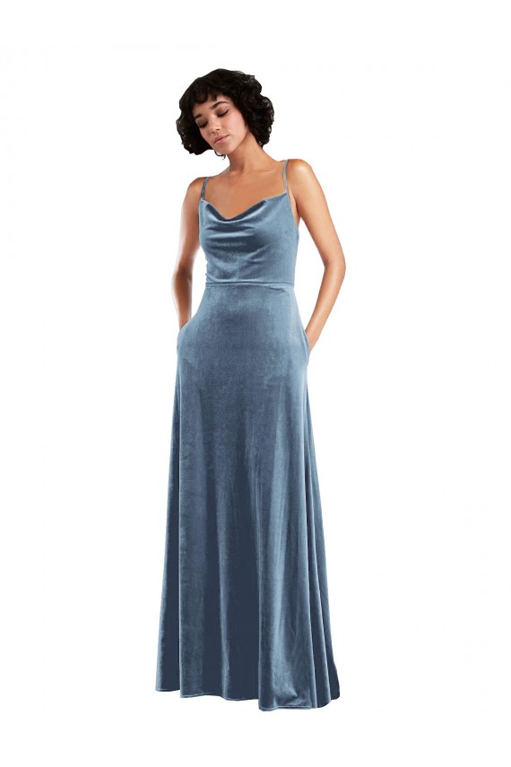 Compre Azul polvoriento Cubierta Terciopelo Elástico Largo Vestidos de dama de honor / Vestidos de fiesta