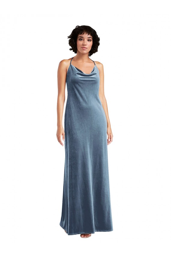Compre Azul polvoriento Cubierta Terciopelo Elástico Largo Vestidos de dama de honor / Vestidos de fiesta