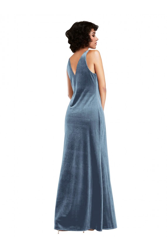 Compre Azul polvoriento Cubierta Terciopelo Elástico Largo Vestidos de dama de honor / Vestidos de fiesta
