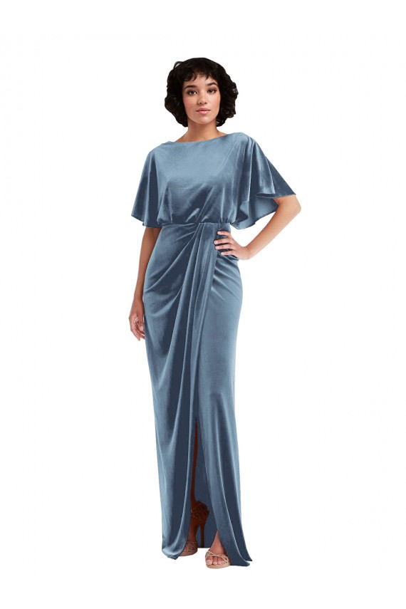 Compre Azul polvoriento Cubierta Terciopelo Elástico Largo Vestidos de dama de honor / Vestidos de fiesta