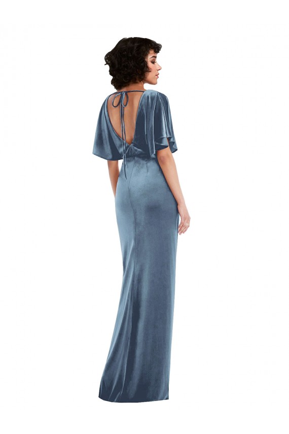 Compre Azul polvoriento Cubierta Terciopelo Elástico Largo Vestidos de dama de honor / Vestidos de fiesta