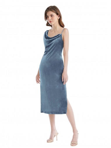 Compre Azul polvoriento Cubierta Un Hombre Terciopelo Elástico Largo Vestidos de dama de honor / Vestidos de fiesta