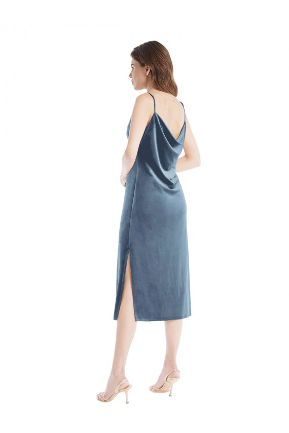Compre Azul polvoriento Cubierta Un Hombre Terciopelo Elástico Largo Vestidos de dama de honor / Vestidos de fiesta