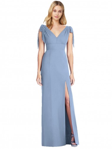 Compre Azul polvoriento Sirena Cuello en V Gasa Largo Vestidos de dama de honor