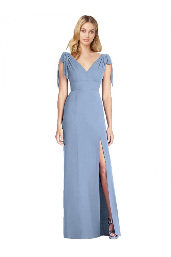 Compre Azul polvoriento Sirena Cuello en V Gasa Largo Vestidos de dama de honor