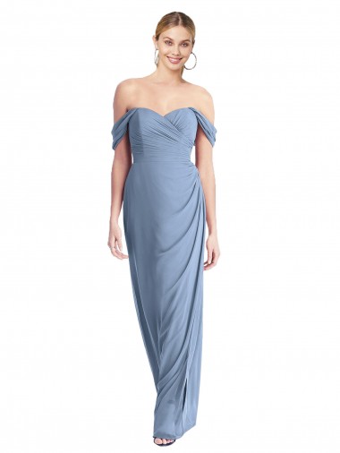 Compre Azul polvoriento Sirena Hombros Descubiertos Gasa Largo Vestidos de dama de honor