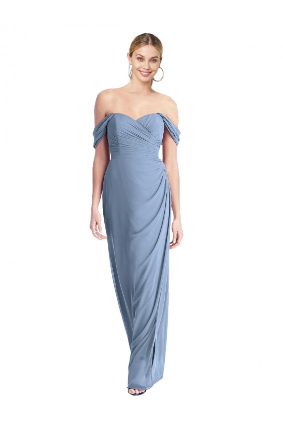 Compre Azul polvoriento Sirena Hombros Descubiertos Gasa Largo Vestidos de dama de honor