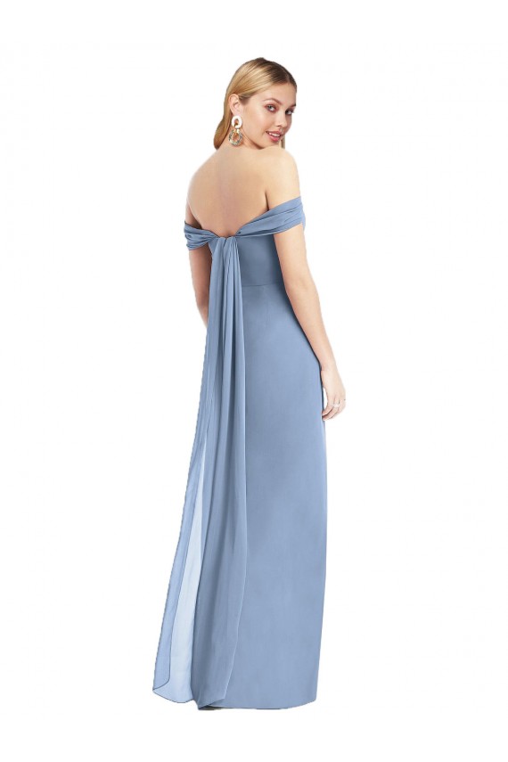 Compre Azul polvoriento Sirena Hombros Descubiertos Gasa Largo Vestidos de dama de honor