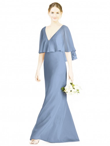 Compre Azul polvoriento Trompeta Cuello en V Gasa Largo Vestidos de dama de honor